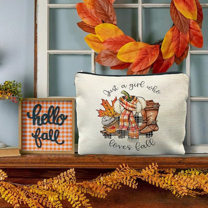 Just a Girl Who Loves Fall Makeup Bag, Fall Gifts for Women, Fall Lovers Gifts, Autumn Pumpkin Coffee Cosmetic Bag for Women, Fall Themed Gifts, Womens Makeup Bag, Fall Makeup Pouch