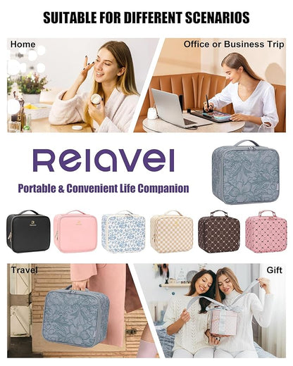 Relavel Travel Makeup Bag With LED Mirror for Women, Cosmetic Organizer Bag with Adjustable Brightness in 3 Color Scenarios, Detachable Dividers, Waterproof Train Case for Daily - Dark Blue FLowers
