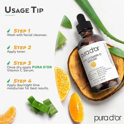 PURA D'OR 20% Vitamin C Serum 4 Oz - Lightweight Maximum Strength Formula - Retinol, Hyaluronic Acid, Ferulic Acid - Professional Grade Treatment For Face & Eyes, Wrinkles - Men & Women