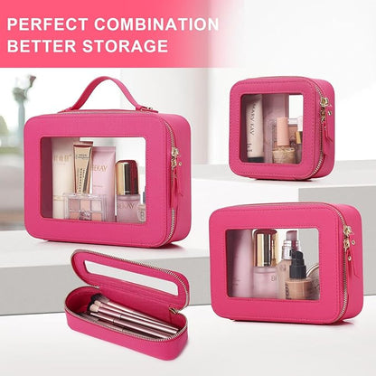 Pinkmik Travel Clear Makeup Bag with Brush Case TSA Approved Toiletry Bag Waterproof Cosmetic Organizer with Zipper Car Essential for Women (X/Fuxia, M+SLIM)