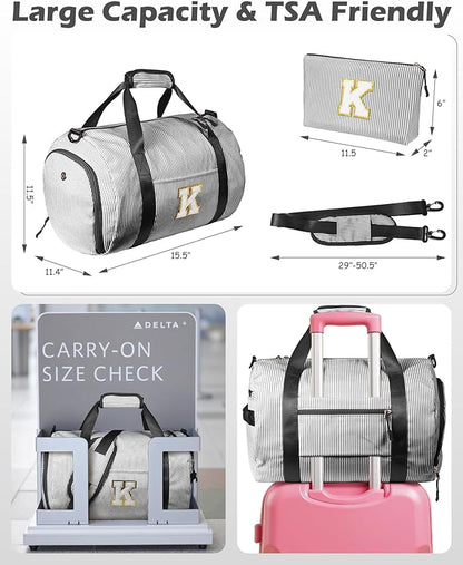 Gifts for Teenager, Girls Travel Duffle Bag, Kids Initial Overnight Bags with Shoe Compartment, Monogram Weekender Bag with Makeup Pouch, Stocking Stuffers for Teen Girl (Letter F)
