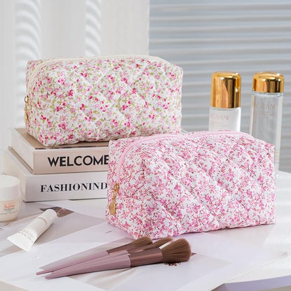 Makeup Bag Travel Toiletry Bag for Women, Small Cosmetic Bags Cute Quilted Cotton Makeup Pouch for Purse Emergency Bag for School Floral Pencil Case Accessory Bag, Baby Pink