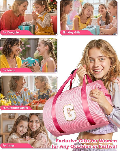 Girly Trendy Stuff, Girls Travel Duffle Bag, Kids Initial Overnight Bags with Shoe Compartment, Personalized Weekend Bag with Makeup Pouch, Gift for 5 6 7 8 9 10 Year Old Kid (Letter V)