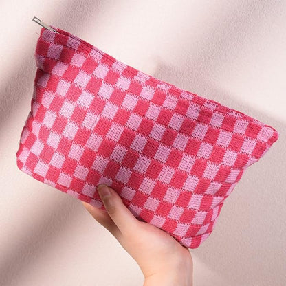 SOIDRAM 2 Pieces Makeup Bag Large Checkered Cosmetic Bag Capacity Canvas Travel Toiletry Bag Organizer Cute Makeup Brushes Aesthetic Accessories Storage Bag for Women, Checkered L Green Rose red