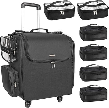 Relavel Rolling Makeup Train Case with 6 Pcs Clear Makeup Bags, Hairstylist Traveling Bag with 4 Wheels, Heat Insulation Full Layer, Adjustable Dividers, Hair Tools and Cosmetics Storage Organizer