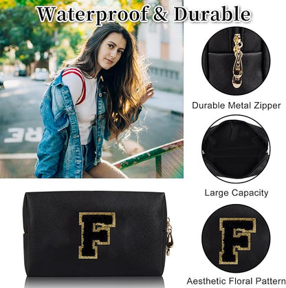 Personalized Initial Letter Patch Makeup Bag, Preppy Portable Chenille Cosmetic Bag with Zipper, PU Leather Waterproof Travel Toiletry Bag Monogram Make Up Pouch for Women Girls