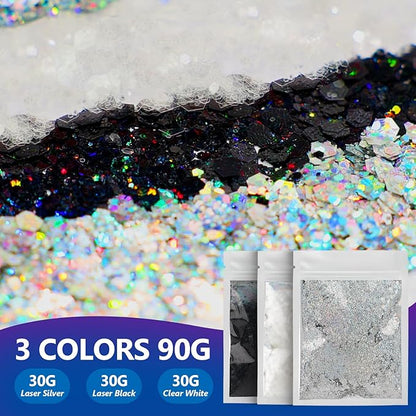 Dmsky Chunky Glitter, 90g/3.18oz Eco Friendly Biodegradable Glitter for Face, Eyeshadow, Body, Hair, Nail, Resin, Craft, DIY Party Decorations, 3 Colors, Silver Holographic, White & Black