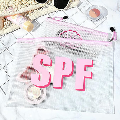 SOIDRAM 2PCS SPF Makeup Bag Clear Zippered SPF Bag Cosmetic Pouch Waterproof Travel Toiletry Organizer for Women Varsity Letter Patch Beach Pool Essentials