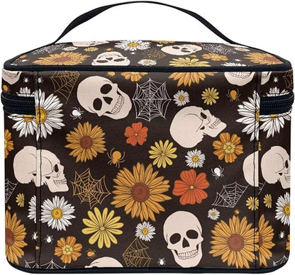 Gothic Skull Daisy Floral Pattern Travel Makeup Bag for Women Large Capacity Cosmetic Bags with Zipper and Handle Make Up Tote Bags Organizer Portable Toiletry Bags