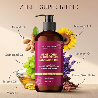 MAJESTIC PURE Cocoa Massage Oil for Massage Therapy - Refreshing, and Relaxing - Natural Oils with Cocoa Butter, Vitamin E & Lavender Oil - for All Skin Types - Men and Women - 8 fl oz