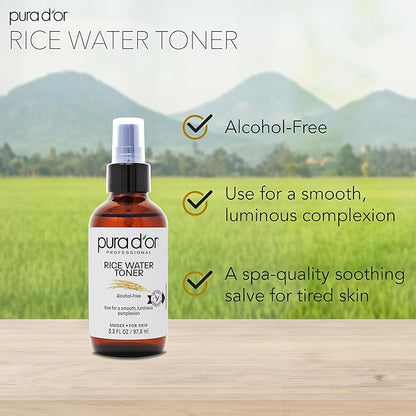 PURA D'OR 3.3 Oz Rice Water Facial Toner - Hydrating, Balancing & Soothing Formula with Natural Extracts - Skin Texture Support for Radiant Skin - Alcohol-Free - Travel Size
