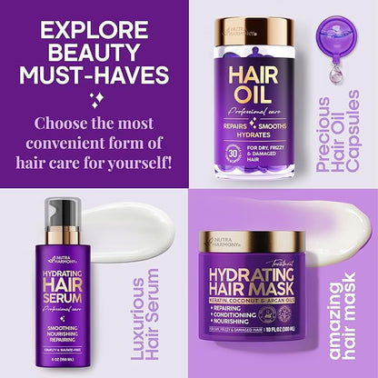 NUTRAHARMONY Hydrating Hair Serum – Keratin Hair Treatment for Dry, Frizzy, Damaged Hair – Biotin, Castor & Rosemary Oils – Anti‑Frizz, Heat Protectant & Split Ends Repair for Smooth, Shiny Hair, 5oz