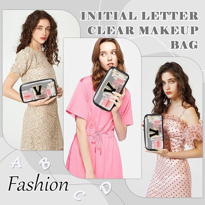 Personalized Initial Letter Clear Makeup Bag,Preppy Small Nylon&PVC Cosmetic Zipper Bag with Chenille Letter,Travel Skincare Toiletry Bag,Monogram Christmas Gift for Teen Girls Women,V