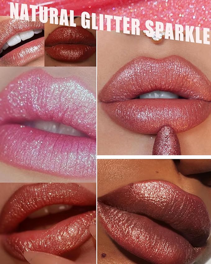 Metallic Glitter Lipstick Set Long Lasting,3 Pcs Diamond Shimmer Lip Gloss Pink Brown Red Rose Red Matte Lip Stick for Women,Sparkling Shiny Transfer Proof Non Stick Tinted Lip Balm Color Makeup-Set A