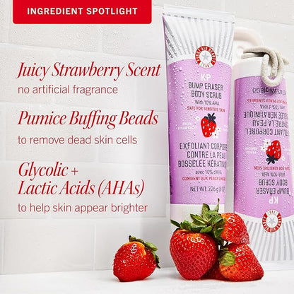 First Aid Beauty - KP Bump Eraser Body Scrub with 10% AHA, Keratosis Pilaris Exfoliator with Glycolic and Lactic acids, Helps Reduce Chicken Skin Bumps, Safe for Sensitive Skin, Strawberry Scent, 8 oz