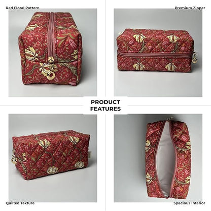 Floral Cotton Makeup Brush Cosmetic Bag for Women, Travel Quilted Zipper Pouch, Large Capacity Flowers Toiletry Organizer, Kawaii Makeup Storage Case, Cosmetic Travel Cloth Bag-Garden Red