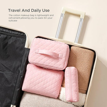 HBselect Quilted Makeup Bag, 3PCS Cotton Large Travel Makeup Bag, Cute Floral Coquette Make up Bag Cosmetic Bag Toiletry Bag for Women Girls