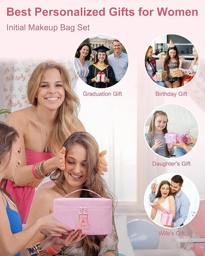 Mom Gifts for Mom, Personalized Initial Makeup Bag Cosmetic Bags for Women Cute|Makeup Pouch Birthday Gifts for Mother,Birthday Gift for Her Cute Toiletry Bag,2PCS Pink M