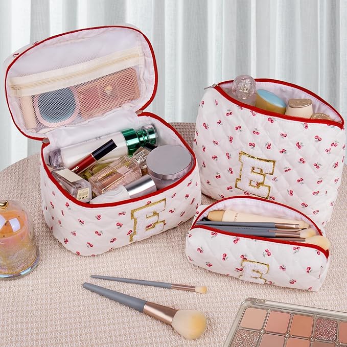Initial Makeup Bag Set, Personalized Quilted Makeup Bag, Large Floral Cosmetic Bag for Women, Cute Cotton Custom Make up Bags, Flower Travel Toiletry Bag Teen Girl Gift Trendy Stuff Gift Red Cherry K