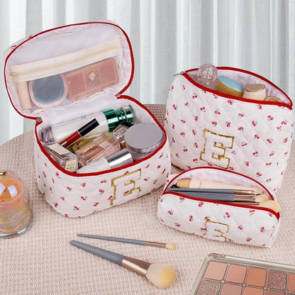 Initial Makeup Bag Set, Personalized Quilted Makeup Bag, Large Floral Cosmetic Bag for Women, Cute Cotton Custom Make up Bags, Flower Travel Toiletry Bag Teen Girl Gift Trendy Stuff Gift Red Cherry K