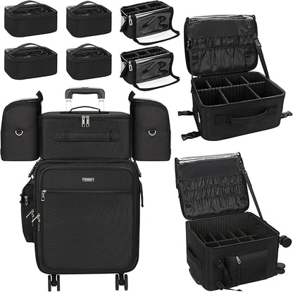 Relavel Rolling Makeup Case–Professional Makeup Train Case,Makeup Artist Travel Bag with Wheels,8-in-1 Portable Travel Beauty Trolley Case for Cosmetology Storage(Black)