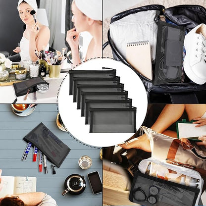Mesh Bags with Zipper (6 Packs), Small Nylon Makeup Bag Cosmetic Pouches Travel Organizer Case for Purse Diaper Bag Home Organizing Black