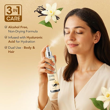Botanic Hearth Velvet Vanilla Hair & Body Perfume Mist with Hyaluronic Acid, Alcohol-Free Formula, Long Lasting Fresh Vanilla Scent, Lightweight Body Spray for Women & Men, 3.4 fl oz / 100 ml