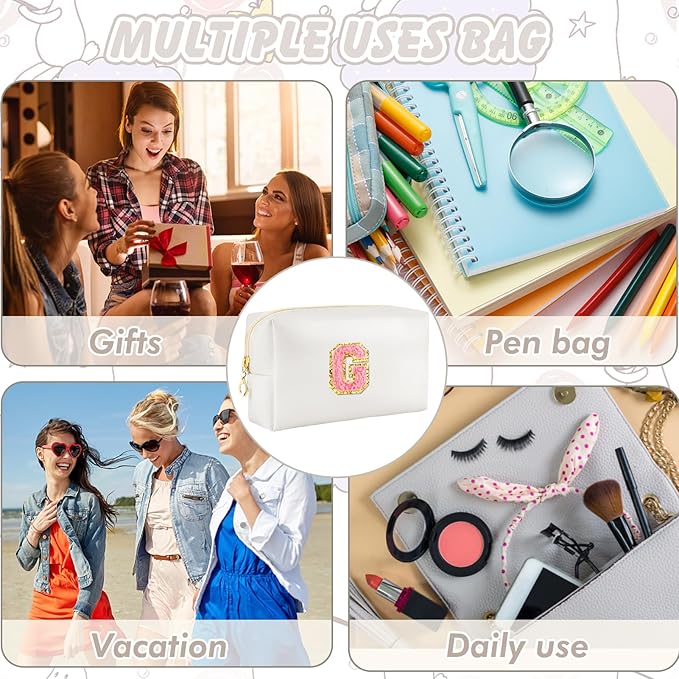Initial Makeup Bag Personalized Preppy Travel Small Cosmetic Bag Cute PU White Chenille Letter Makeup Pouch for Purse Waterproof Zippered Toiletry Organizer for Women Girls Kids Friends (G)
