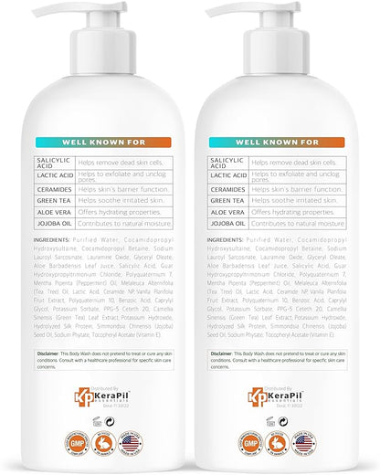 Salicylic Acid Body Wash - Skin Non-drying, Gentle Exfoliates Rough and Bumpy Skin, Body Acne Wash, BHA & AHA - Unscented Exfoliating Body Wash, Made in USA - (16 fl oz x 2)