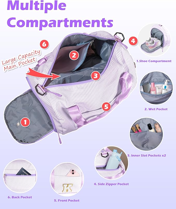 Trip Essentials, Girls Travel Duffle Bag, Kids Initial Overnight Duffel Bags with Shoe Compartment, Personalized Dance Bag with Cosmetic Pouch, Preppy Things for Daughter (Letter F)