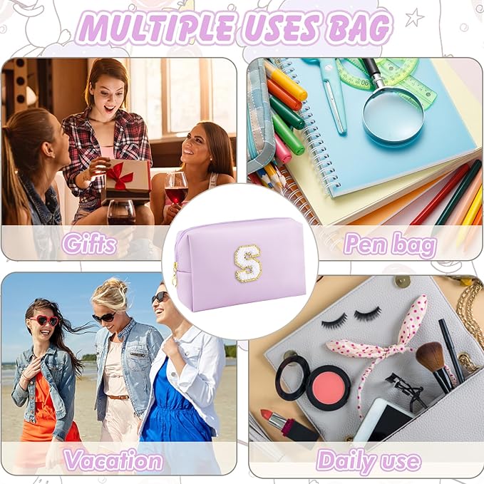Gifts for Girls Initial Makeup Bag Personalized Cosmetic Bag with Zipper Cute Travel Toiletry Bag Waterproof PU Preppy Makeup Pouch Birthday Gift for Teen Girls Women(Purple S)