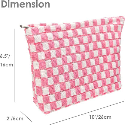 Knitted Checkered Makeup Bag Large Zipper Make Up Accessory Pouch for Purse Cosmetic Brush Bag for Travel Essential Pink White