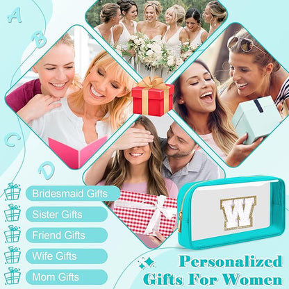 Personalized Initial Letter Clear Makeup Bag,Preppy Small Nylon&PVC Cosmetic Zipper Bag with Chenille Letter,Portable Beach Travel Skincare Toiletry Bag,Trendy Monogram Gift for Teen Girls Women,W