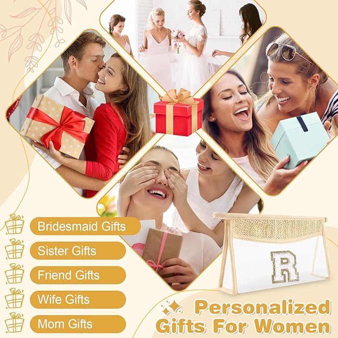 Personalized Initial Letter Bag Boho Straw Clear Makeup Bag,Small Cute Chenille Varsity Letter Pouch With Zipper,Beach Travel Toiletry,Portable Monogrammed Cosmetic Bag for Women Girls,R