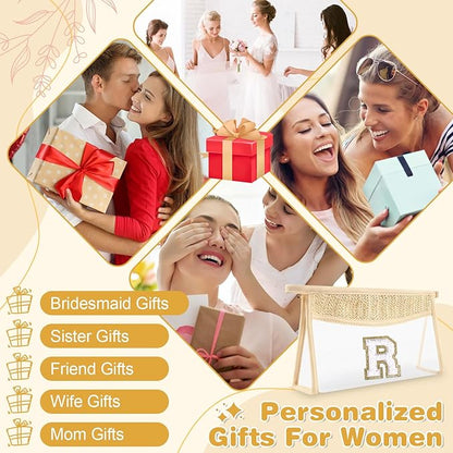 Personalized Initial Letter Bag Boho Straw Clear Makeup Bag,Small Cute Chenille Varsity Letter Pouch With Zipper,Beach Travel Toiletry,Portable Monogrammed Cosmetic Bag for Women Girls,R