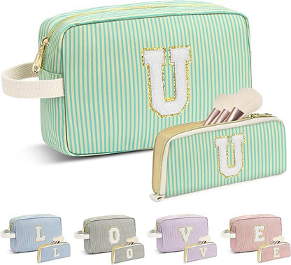 Travel Makeup Bag Christmas Gifts for Women Girl Teens, Personalized Initial Makeup Bag for Cute Teen Girls, Preppy Stuff Toiletry Bag Cosmetic Bag, Teen Girls Gift Trendy Stuff, Letter U