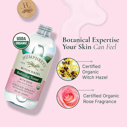 Humphreys Witch Hazel Refining Toner | Wild Harvested Witch Hazel & Rose | USDA Organic | Natural | Soothing & Clarifying | 8 Fl Oz