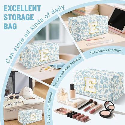 Personalized Quilted Cosmetic Bag, Puffy Monogrammed Christmas Birthday Gifts for Women & Girls, Cute initial Floral Makeup Bag Puffer Coquette Bag, Aesthetic Travel Toiletry Zipper Pouch(Blue,E)