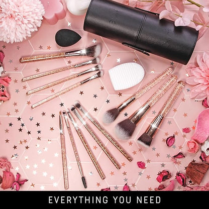 Niré Beauty 15piece Award Winning Glitter Makeup Brushes: Cute Makeup Brushes Set with Case, Beauty Blender, Cleaner, Guide, Gift Box