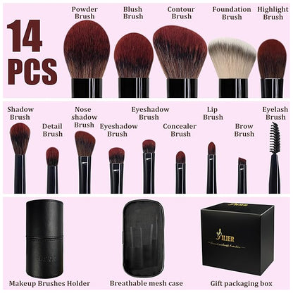 Jilier Travel Makeup Brush Set, 14 pcs Mini Makeup Brushes for Foundation, Powder, Eyeshadow, Highlight, Contour, Blush & Concealer, Small Makeup Brush Set Purse Size with Case (Black)