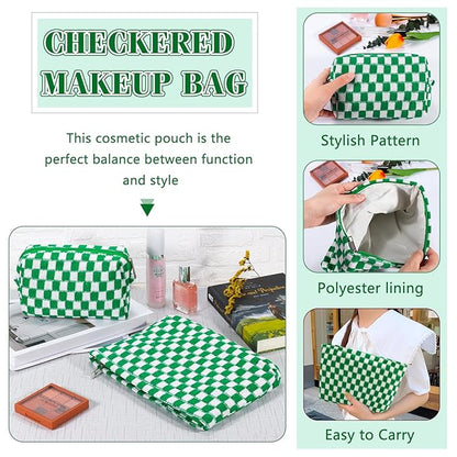 ZLFSRQ 2Pcs Checkered Makeup Bag for Women Large Small Checkered Cosmetic Bag Set Aesthetic Preppy Pencil Case Cute Pencil Pouch Green Makeup Pouch for Purse Travel Toiletry Bags Zipper Skincare Bags