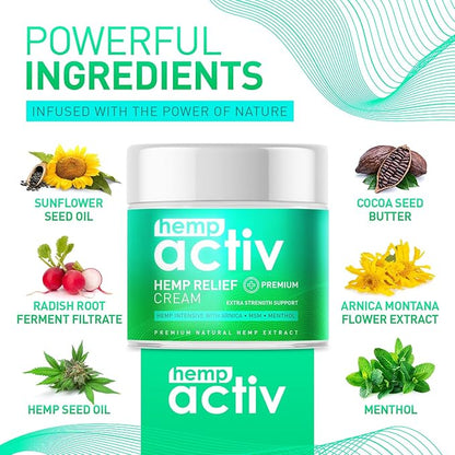 Hemp Cream with Menthol, MSM & Arnica – Lightweight, Fast-Absorbing Moisturizing Cream – Refreshing, Non-Greasy Formula for Nourished Skin – 2 Fl Oz