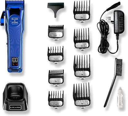 Blade & Stone™ Professional Barber Hair Clippers for Men PC801 Clipper | Diamond-S™ Blade | Micro-Gap Tech | Professional 7200 RPM Digital Motor, All-Metal, Cordless Clippers - Big Blue