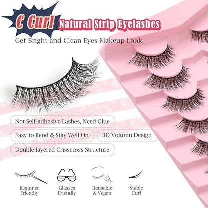 Eyelashes Natural Cat Eye Lashes 16mm Flase Eyelashes Flared Strip Lashes Fluffy False Lashes That Look Like Extensions C Curl Wispy Lashes Siligli Soft Lashes Pack 7 Pair