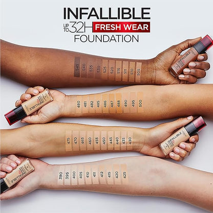 L'Oreal Paris Makeup Infallible Up to 32 Hour Fresh Wear Lightweight Foundation, 495 Amber, 1 Fl Oz, Packaging May Vary