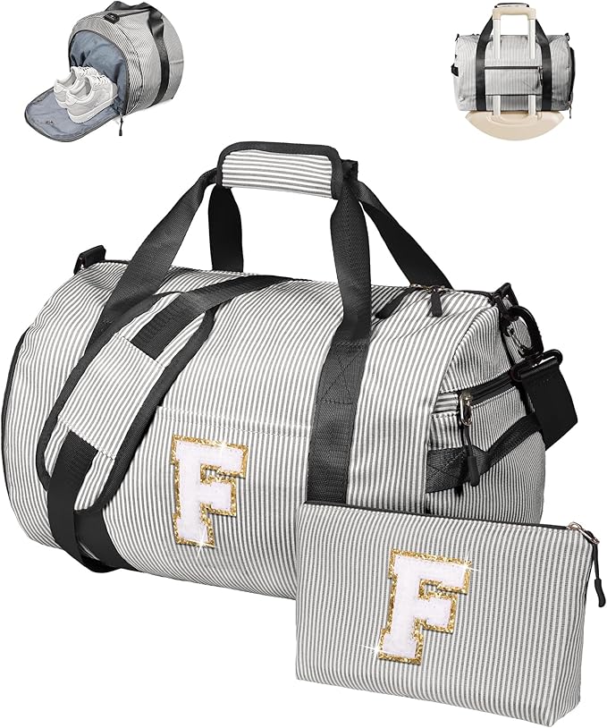 Gifts for Teenager, Girls Travel Duffle Bag, Kids Initial Overnight Bags with Shoe Compartment, Monogram Weekender Bag with Makeup Pouch, Stocking Stuffers for Teen Girl (Letter F)