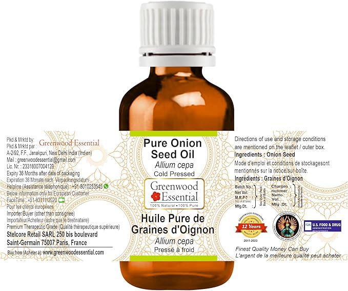 Greenwood Essential Pure Onion Seed Oil (Allium cepa) Cold Pressed 10ml (0.33 oz)