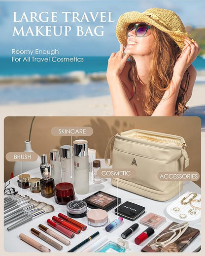 Bridesmaid Gift, Initial Makeup Bags, Personalized Double Layer Cosmetic Bag with Makeup Brush Organizer, Waterproof, Large Capacity PU Leather Travel Toiletry Bag