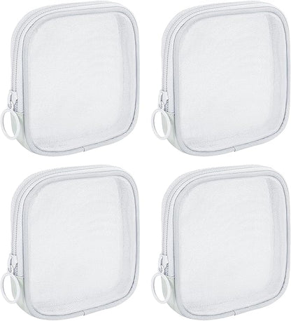 4 Pieces Mini Zipper Nylon Mesh Pouch, Mesh Cosmetic Bags Makeup Bags, Multipurpose Travel Toiletry Bags for Office Supplies and Travel Accessories (White, S)