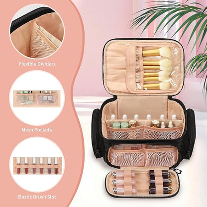 OCHEAL Makeup Bag,Travel Makeup Organizer Bag for Women with Zipper Pouch and Side Pocket, Multifunctional Compartments and Dividers,Toiletry Make up Case for Toiletries, Brushes & Beauty Tools-Black